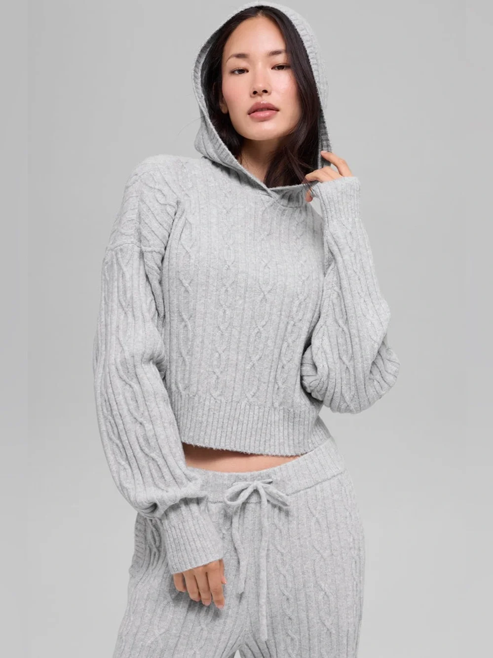 ALO Yoga Cable Knit Winter Bliss Hoodie and Joggers in Athletic Heather Gray